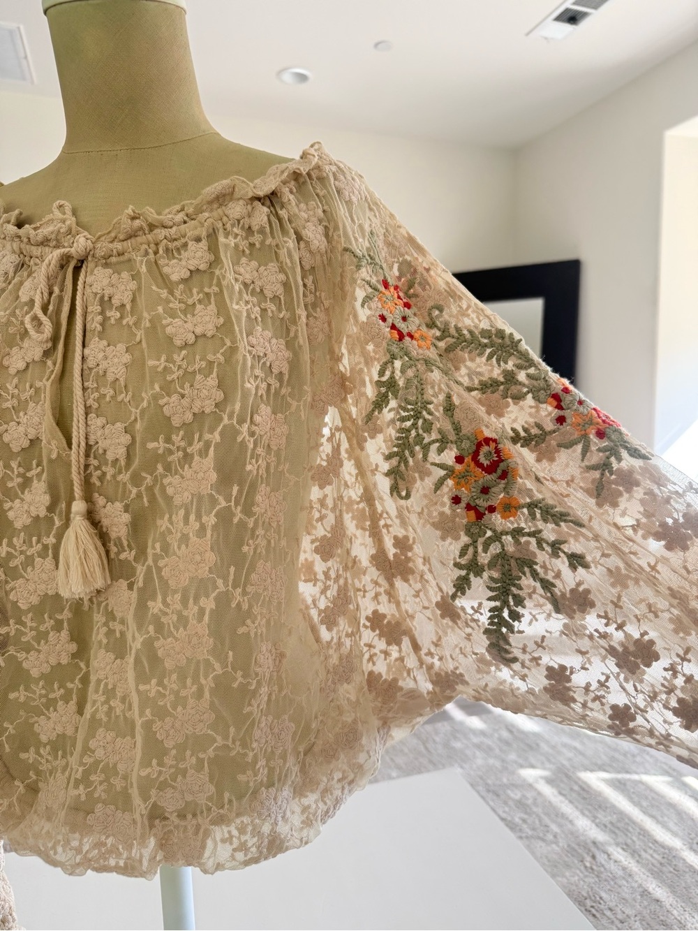 Free People Jubilee Embroidered Mesh Top Boho Lace Embroidered Peasant Blouse